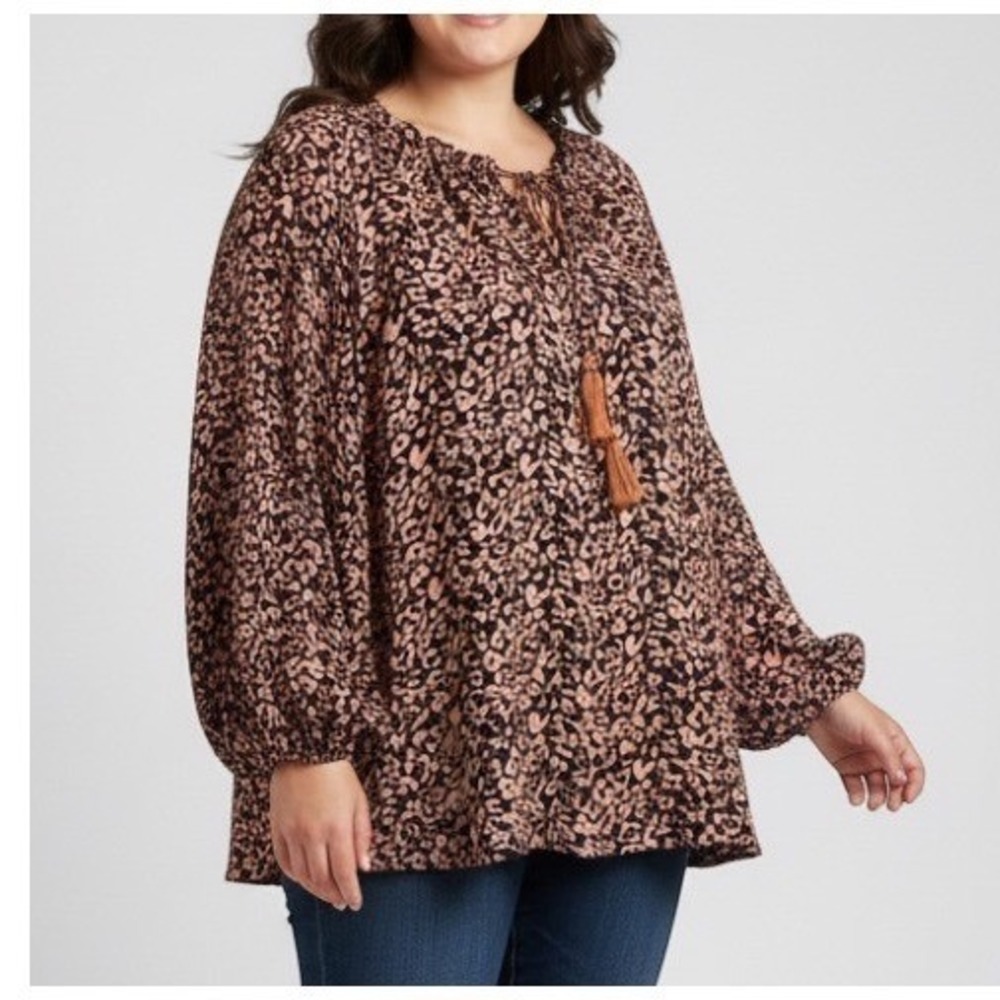 GIGIO PLUS Black/Brown LEOPARD PRINT Tie Neckline ELASTIC CUFF Crepe BLOUSE XL